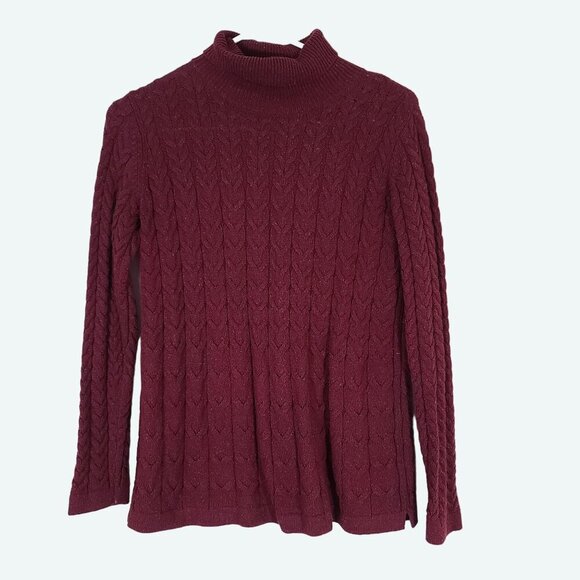 J Jill Burgundy Red Cable‎ Knit Turtleneck Sweater Cotton Silk Blend Size XS - Picture 1 of 8
